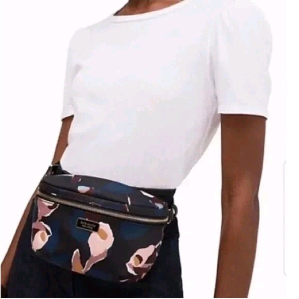 Kate Spade New York Black Floral Belt Bag Fanny Pack Zip Gold Hardware